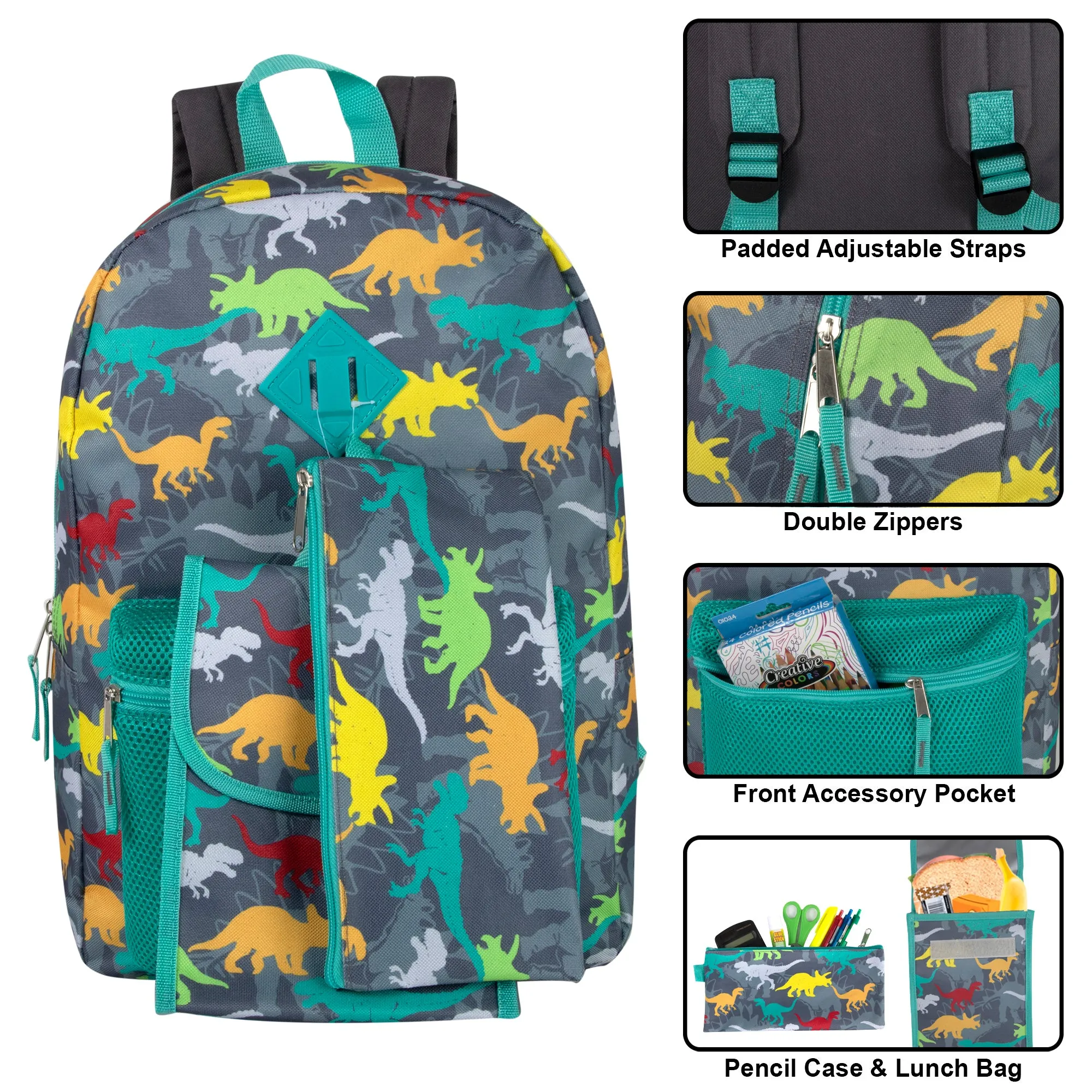 17 Inch Printed Backpack with Matching Pencil Case & Lunch Bag - Dinosaur