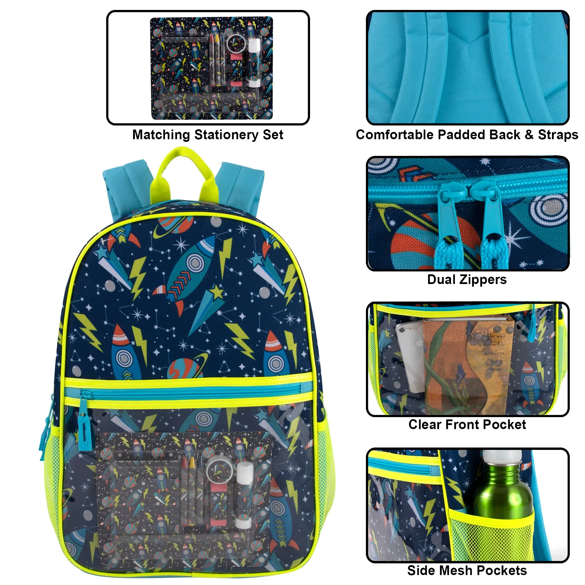 43cm Printed Backpack with 8 Piece School Kit 20L Capacity - Outer Space Themed