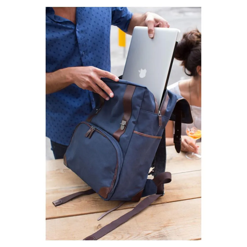 Barber Shop "Mop Top" Camera Backpack (Canvas & Leather, Blue & Dark Brown)