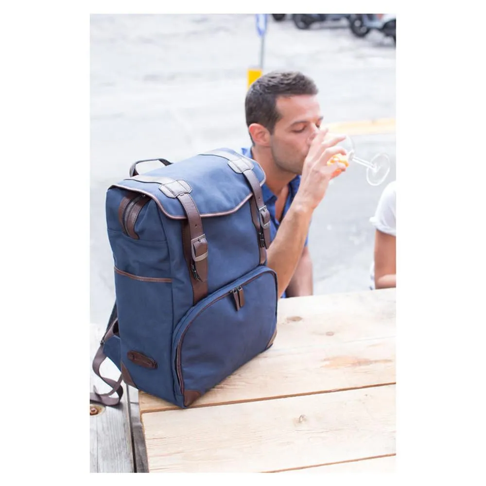 Barber Shop "Mop Top" Camera Backpack (Canvas & Leather, Blue & Dark Brown)