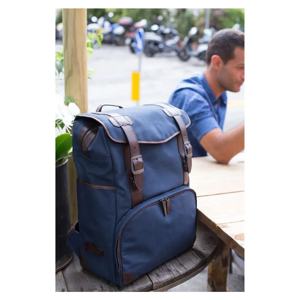 Barber Shop "Mop Top" Camera Backpack (Canvas & Leather, Blue & Dark Brown)