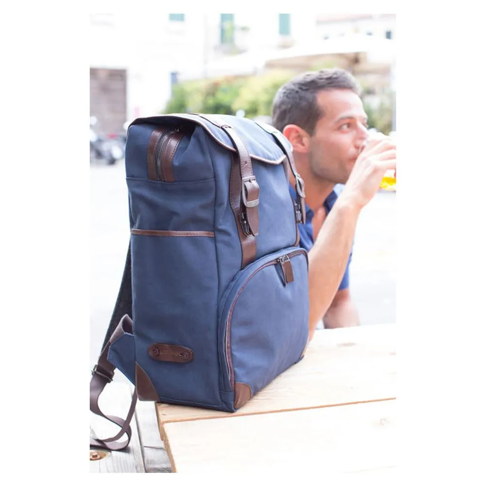 Barber Shop "Mop Top" Camera Backpack (Canvas & Leather, Blue & Dark Brown)