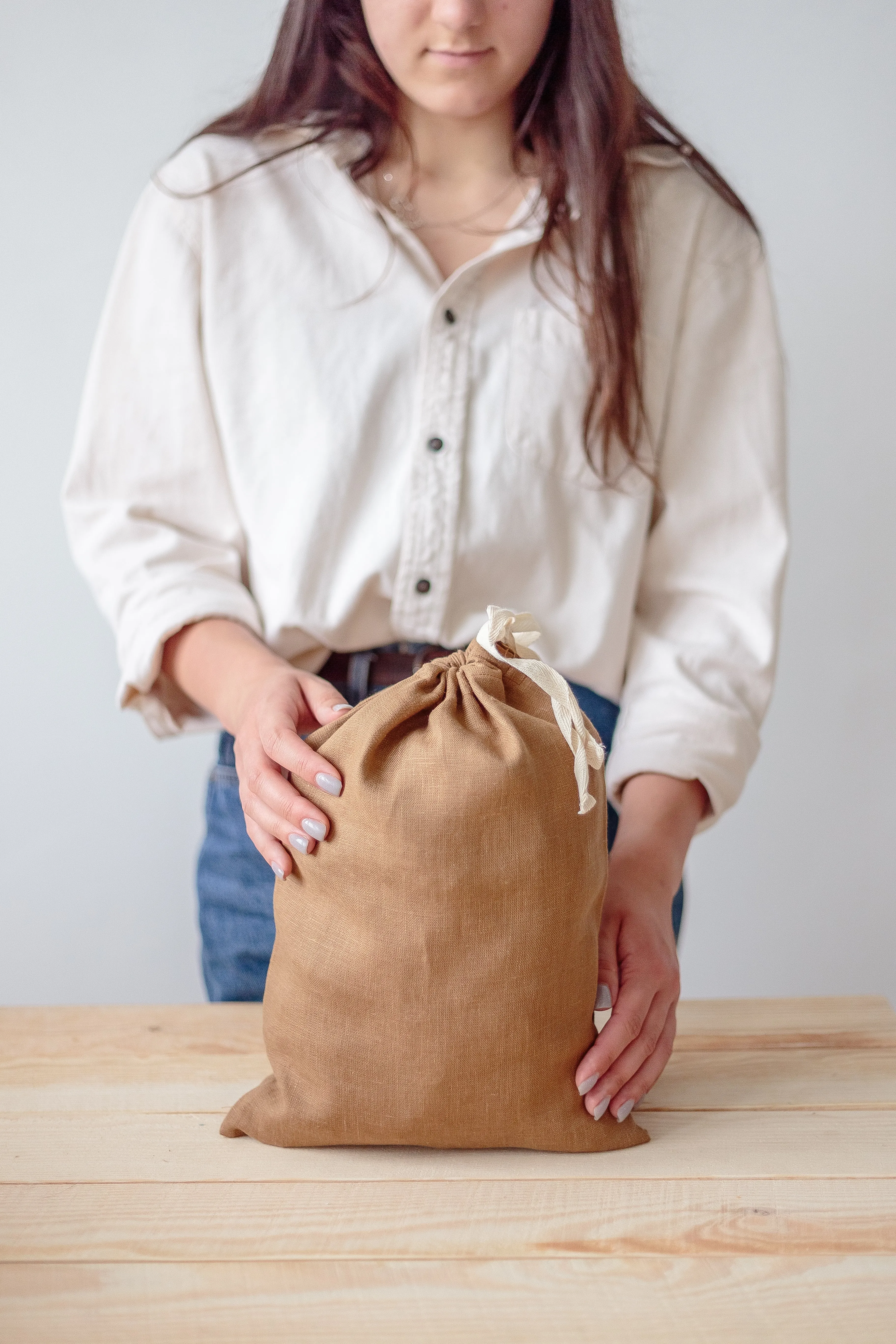 Caramel Brown Linen Drawstring Storage Bag