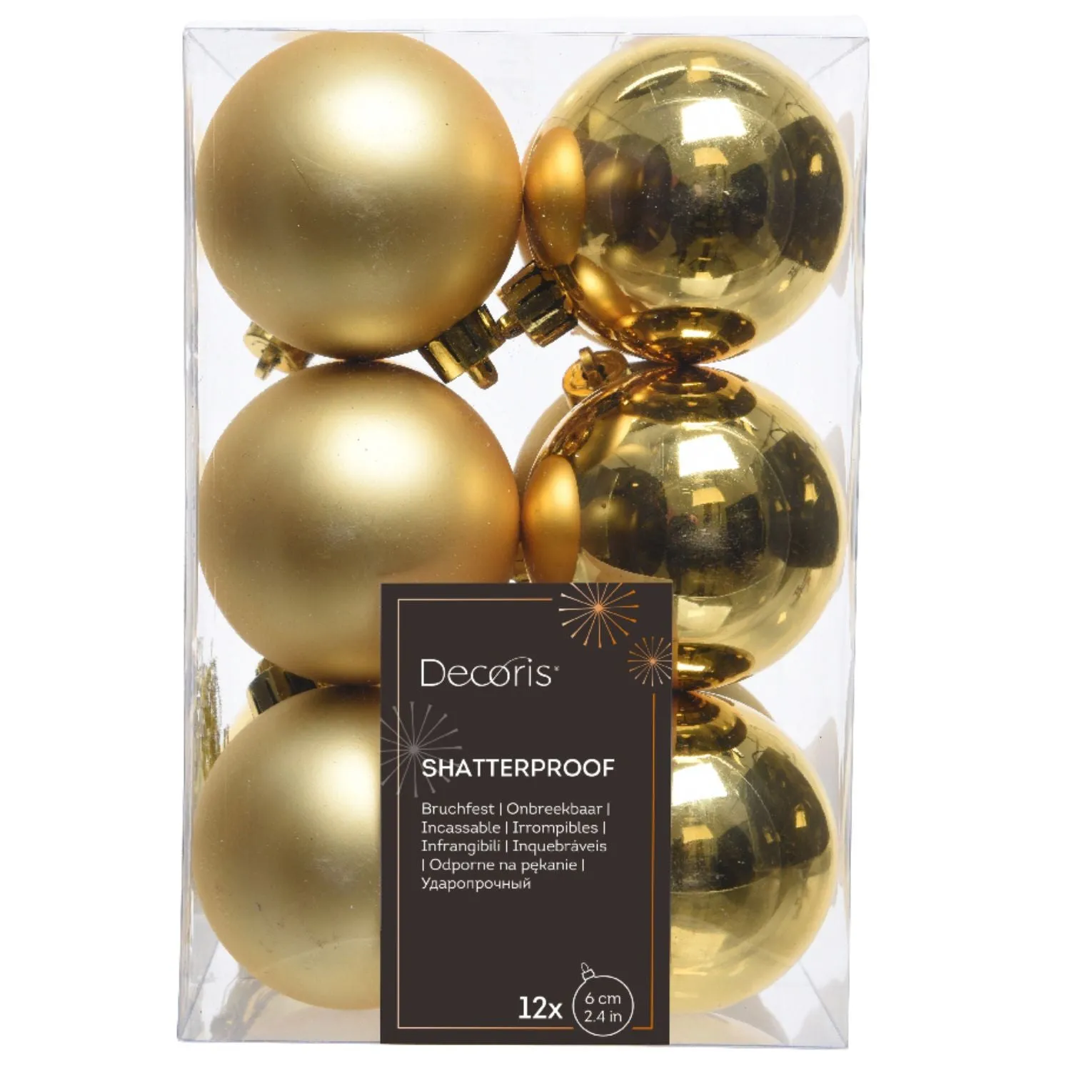 Decoris 6cm Light Gold Shatterproof Baubles (Set of 12) - 021830