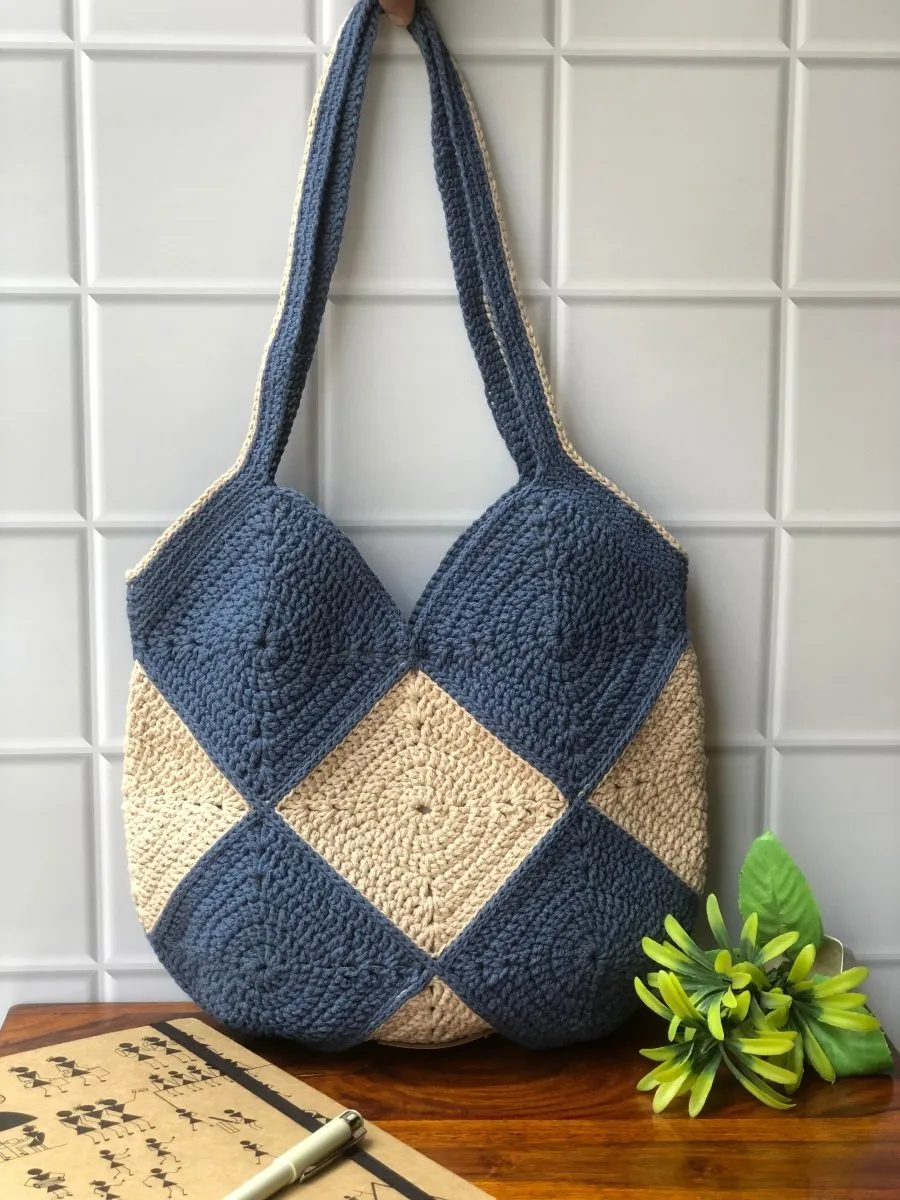 Granny Square Crochet Unisex Tote Bag in Jean Blue and Beige