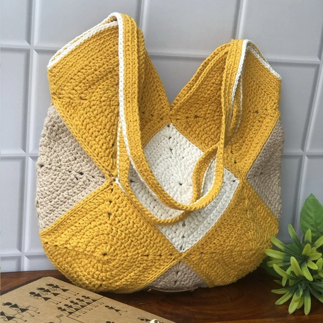 Granny Square Crochet Unisex Tote Bag in Jean Blue and Beige