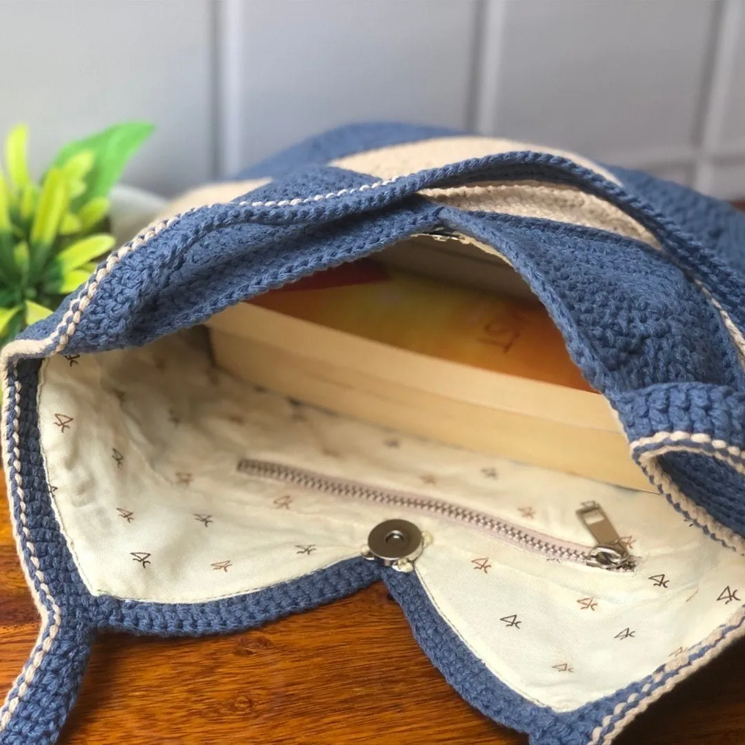 Granny Square Crochet Unisex Tote Bag in Jean Blue and Beige