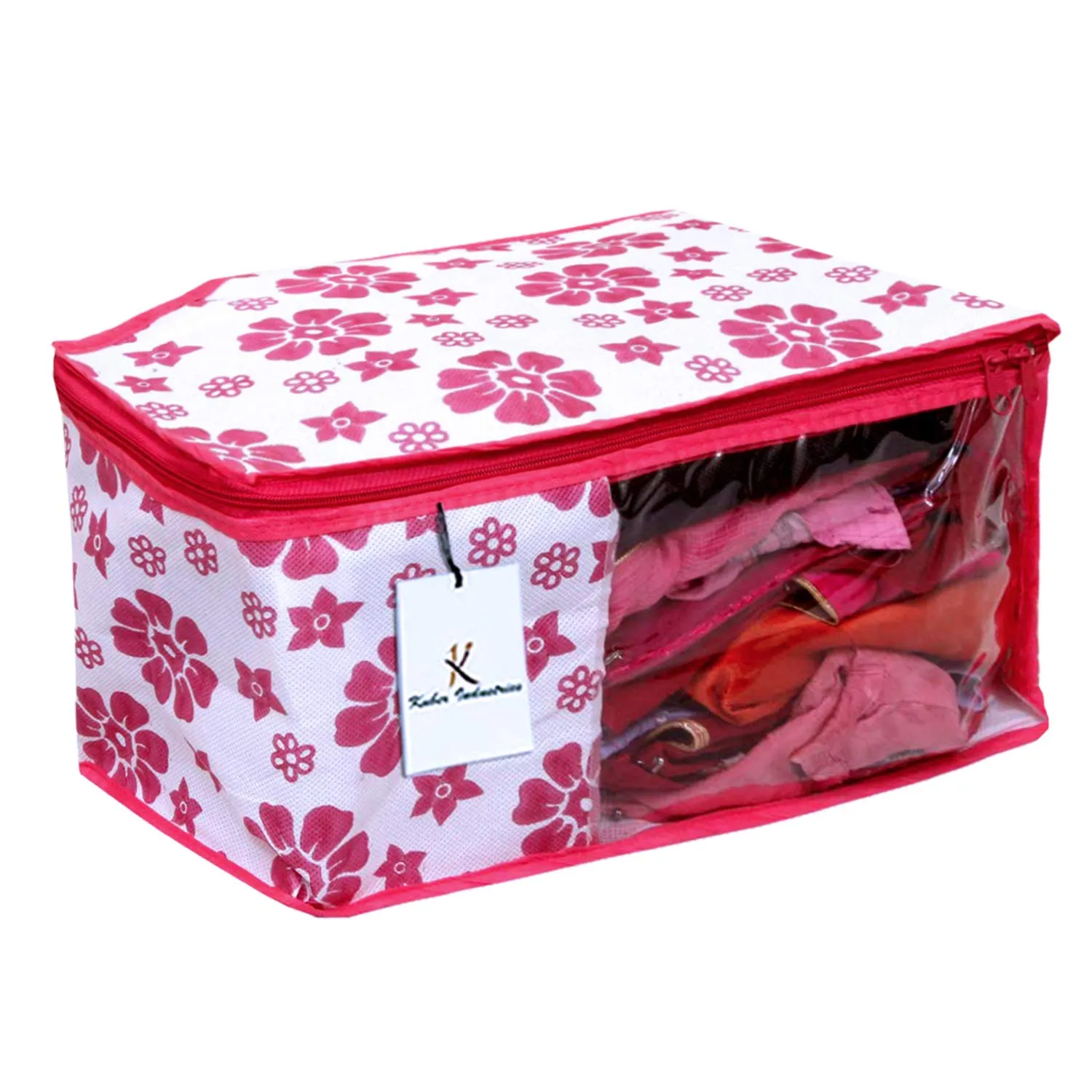 Kuber Industries Flower Design Non Woven 6 Piece Saree Cover/Cloth Wardrobe Organizer and 6 Pieces Blouse Cover Combo Set (Pink) -CTKTC038443