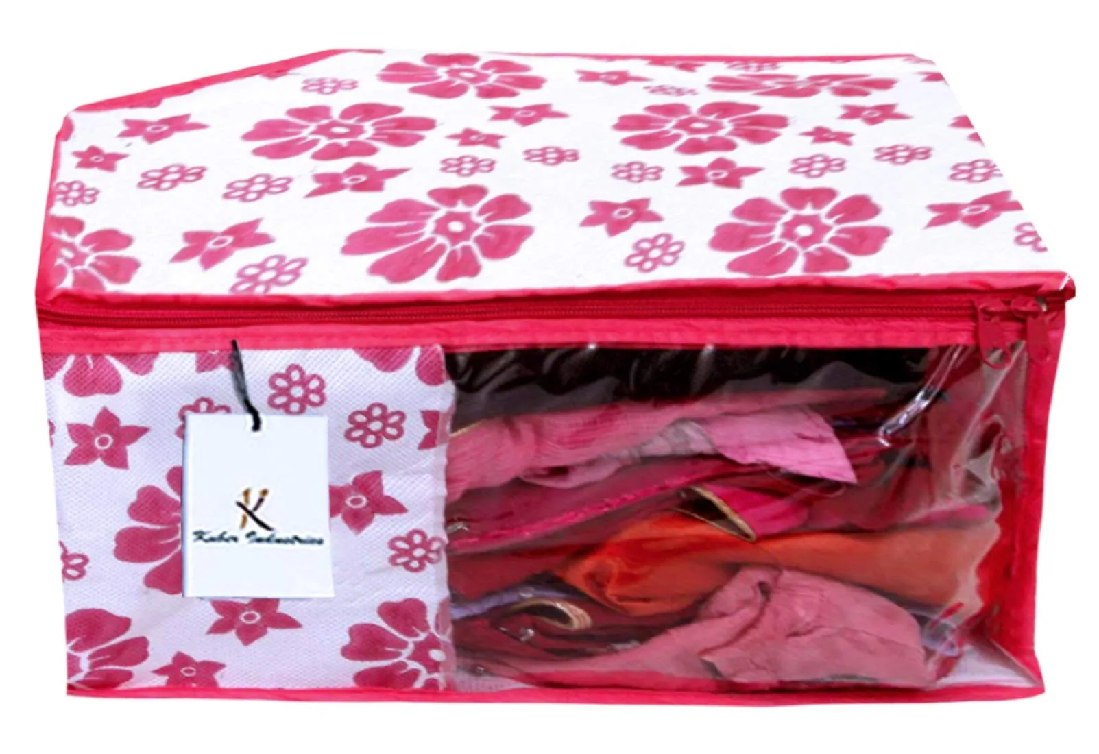 Kuber Industries Flower Design Non Woven 6 Piece Saree Cover/Cloth Wardrobe Organizer and 6 Pieces Blouse Cover Combo Set (Pink) -CTKTC038443