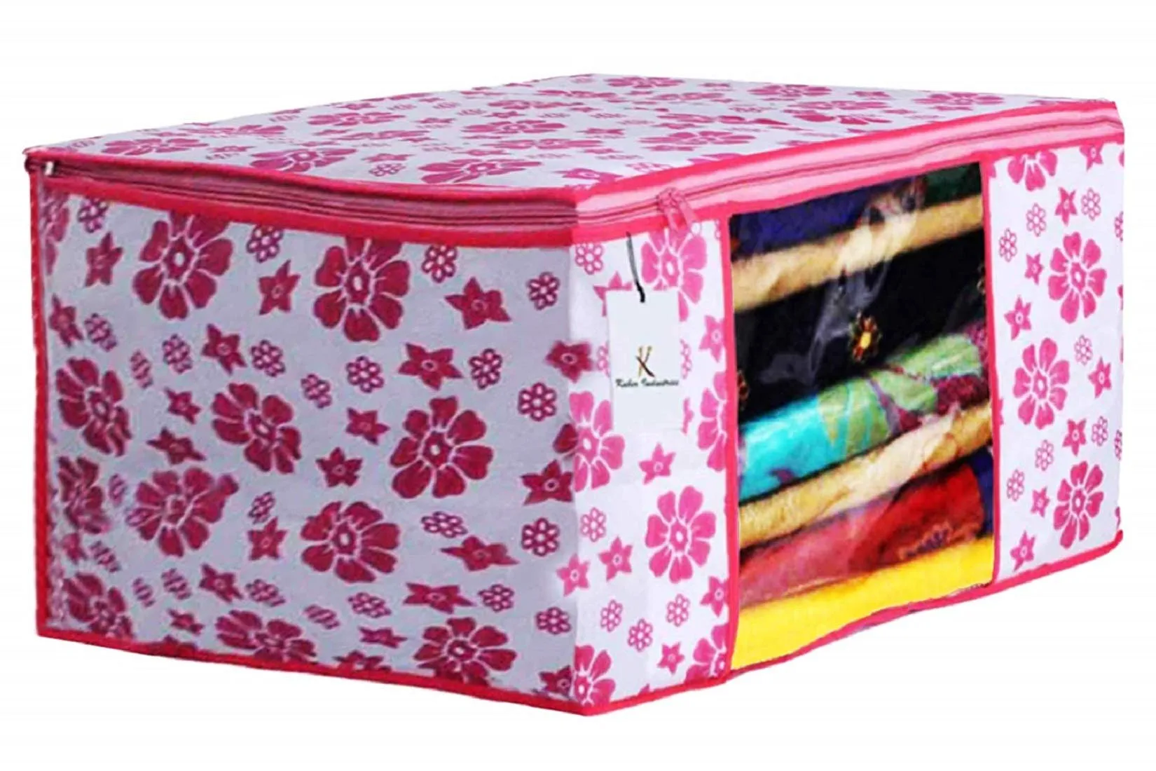 Kuber Industries Flower Design Non Woven 6 Piece Saree Cover/Cloth Wardrobe Organizer and 6 Pieces Blouse Cover Combo Set (Pink) -CTKTC038443