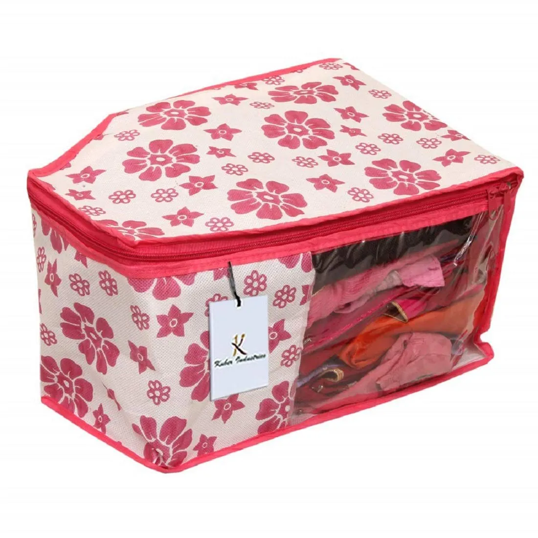 Kuber Industries Flower Design Non Woven 6 Piece Saree Cover/Cloth Wardrobe Organizer and 6 Pieces Blouse Cover Combo Set (Pink) -CTKTC038443