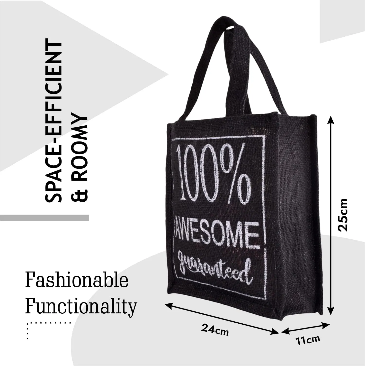 Kuber Industries Lunch Bag | Jute Carry Bag | Lunch Handbag | Lunch Bags for Office | Reusable Lunch Bag with Handle | Tiffin Carry Hand Bag | Awesome-Print Lunch Bag | Small | Black