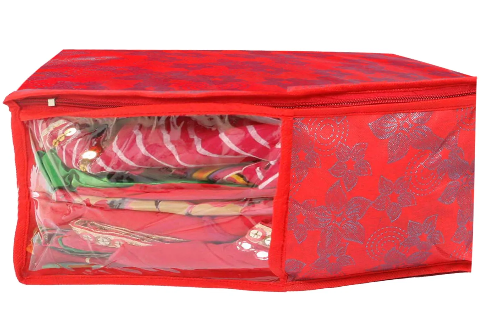 Kuber Industries Metallic Printed Non Woven 4 Piece Saree Cover/Cloth Wardrobe Organizer and 4 Pieces Blouse Cover Combo Set (Red) -CTKTC038412