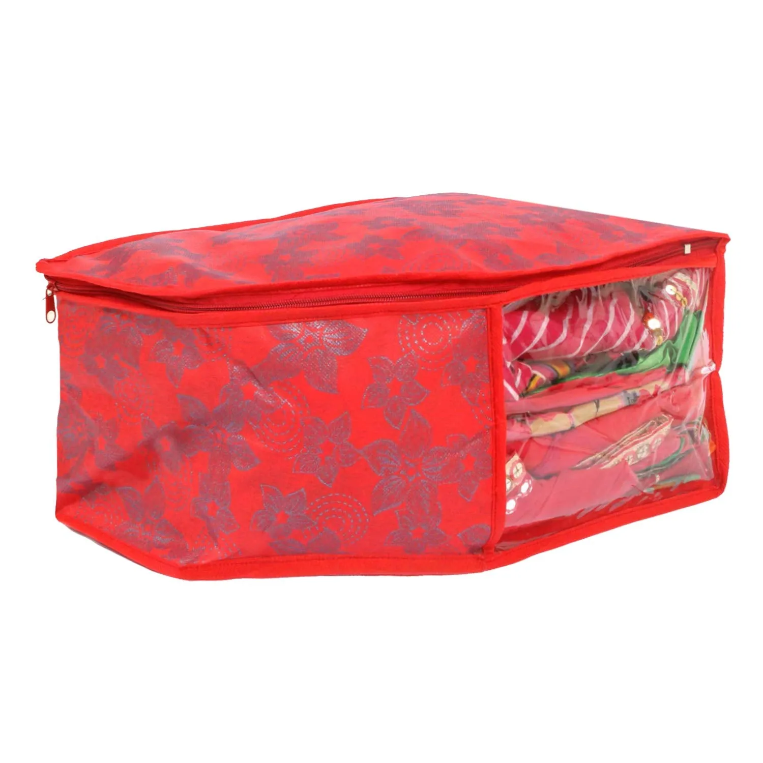 Kuber Industries Metallic Printed Non Woven 4 Piece Saree Cover/Cloth Wardrobe Organizer and 4 Pieces Blouse Cover Combo Set (Red) -CTKTC038412