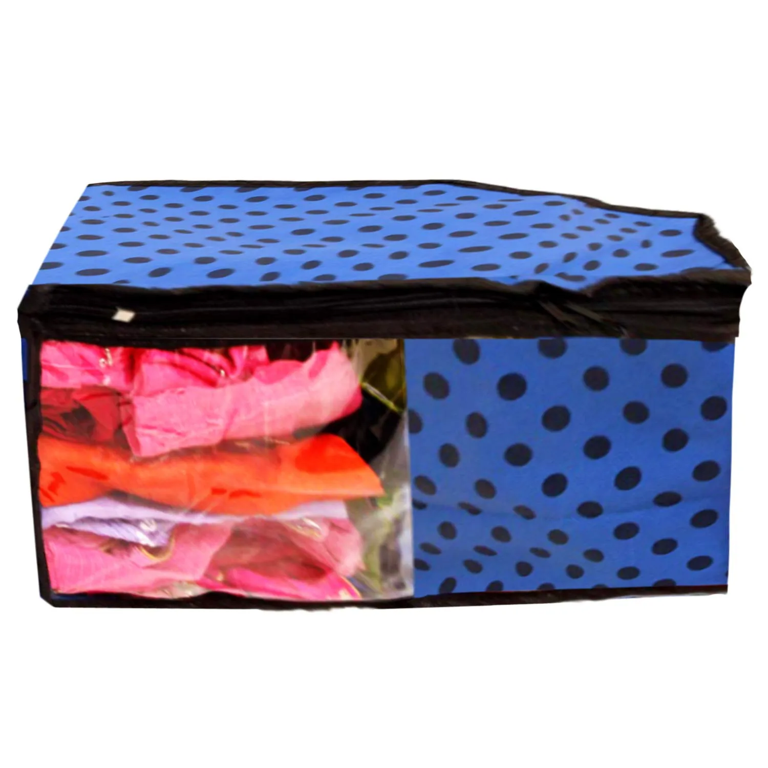 Kuber Industries Polka Dots Design Non Woven 3 Piece Saree Cover/Cloth Wardrobe Organizer and 3 Pieces Blouse Cover Combo Set (Blue) -CTKTC038428