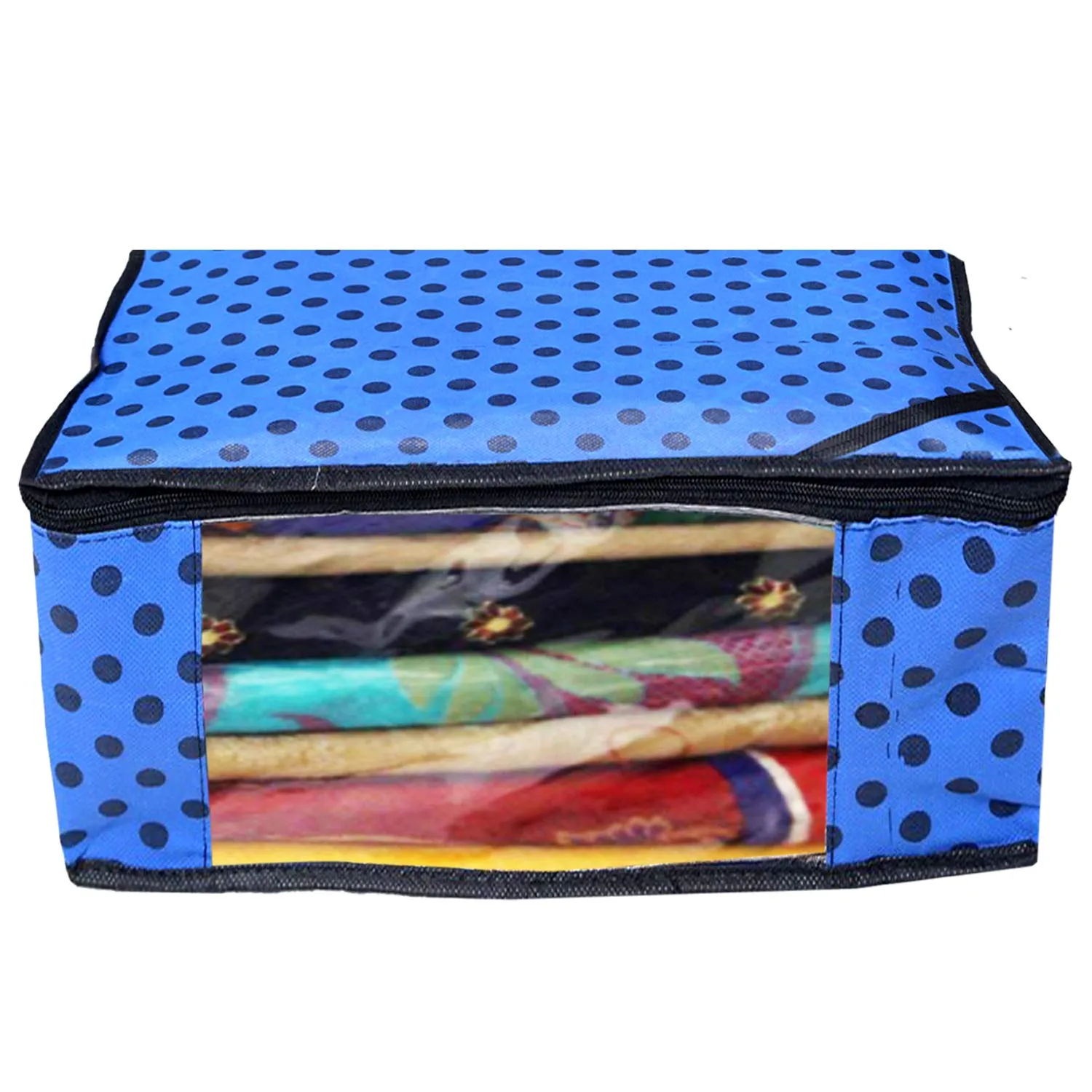 Kuber Industries Polka Dots Design Non Woven 3 Piece Saree Cover/Cloth Wardrobe Organizer and 3 Pieces Blouse Cover Combo Set (Blue) -CTKTC038428