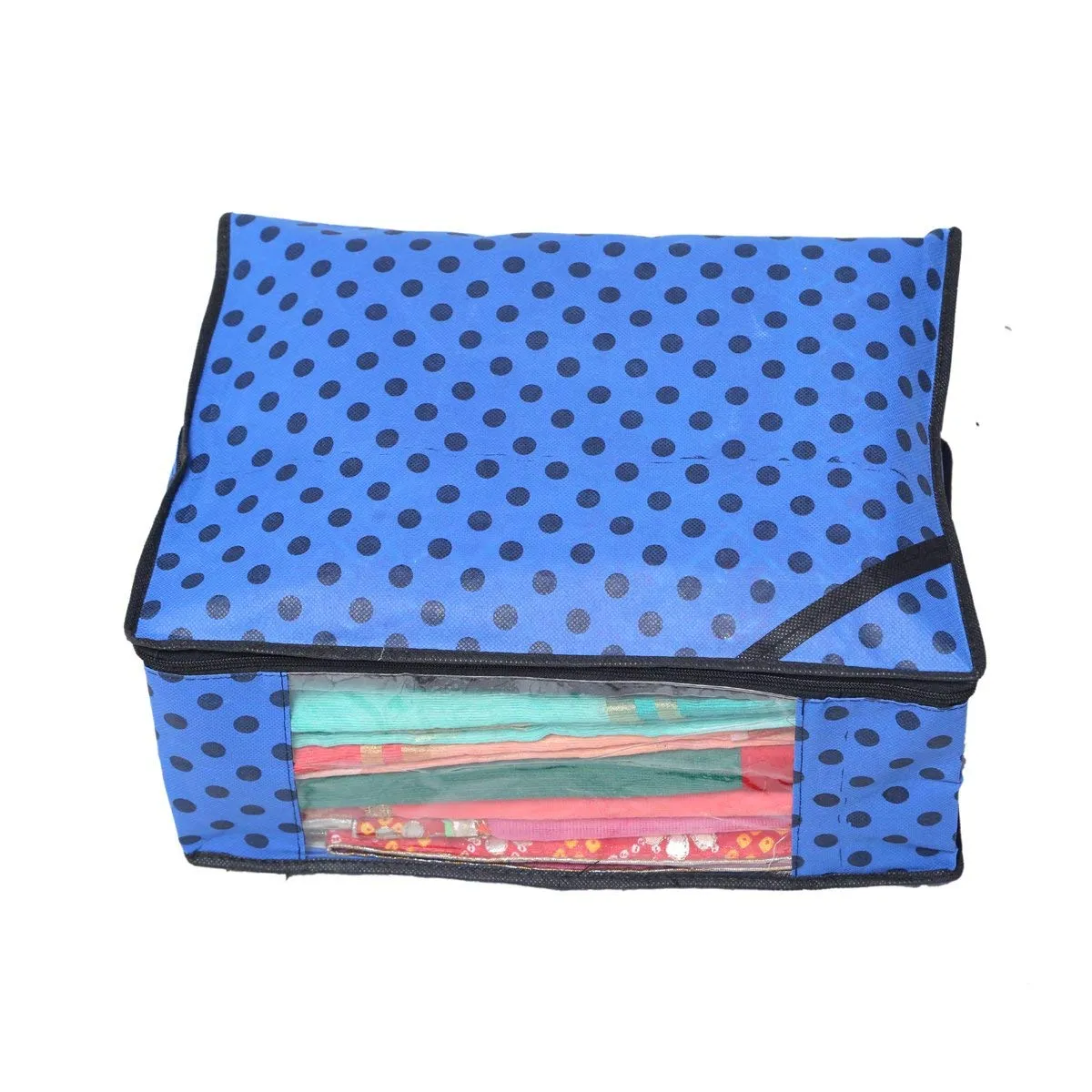 Kuber Industries Polka Dots Design Non Woven 3 Piece Saree Cover/Cloth Wardrobe Organizer and 3 Pieces Blouse Cover Combo Set (Blue) -CTKTC038428