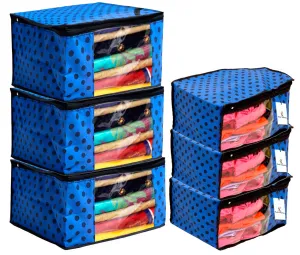 Kuber Industries Polka Dots Design Non Woven 3 Piece Saree Cover/Cloth Wardrobe Organizer and 3 Pieces Blouse Cover Combo Set (Blue) -CTKTC038428