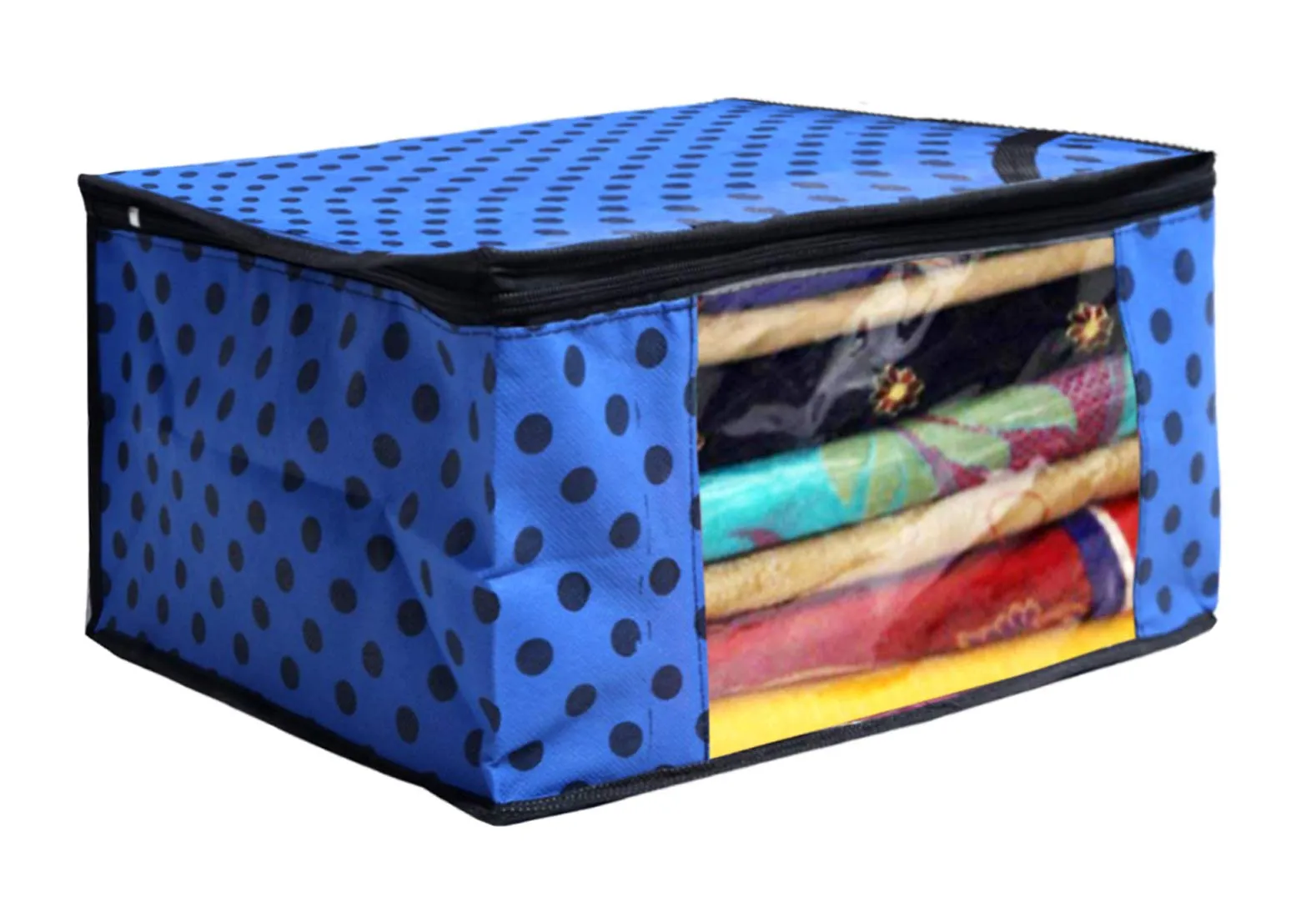 Kuber Industries Polka Dots Design Non Woven 3 Piece Saree Cover/Cloth Wardrobe Organizer and 3 Pieces Blouse Cover Combo Set (Blue) -CTKTC038428