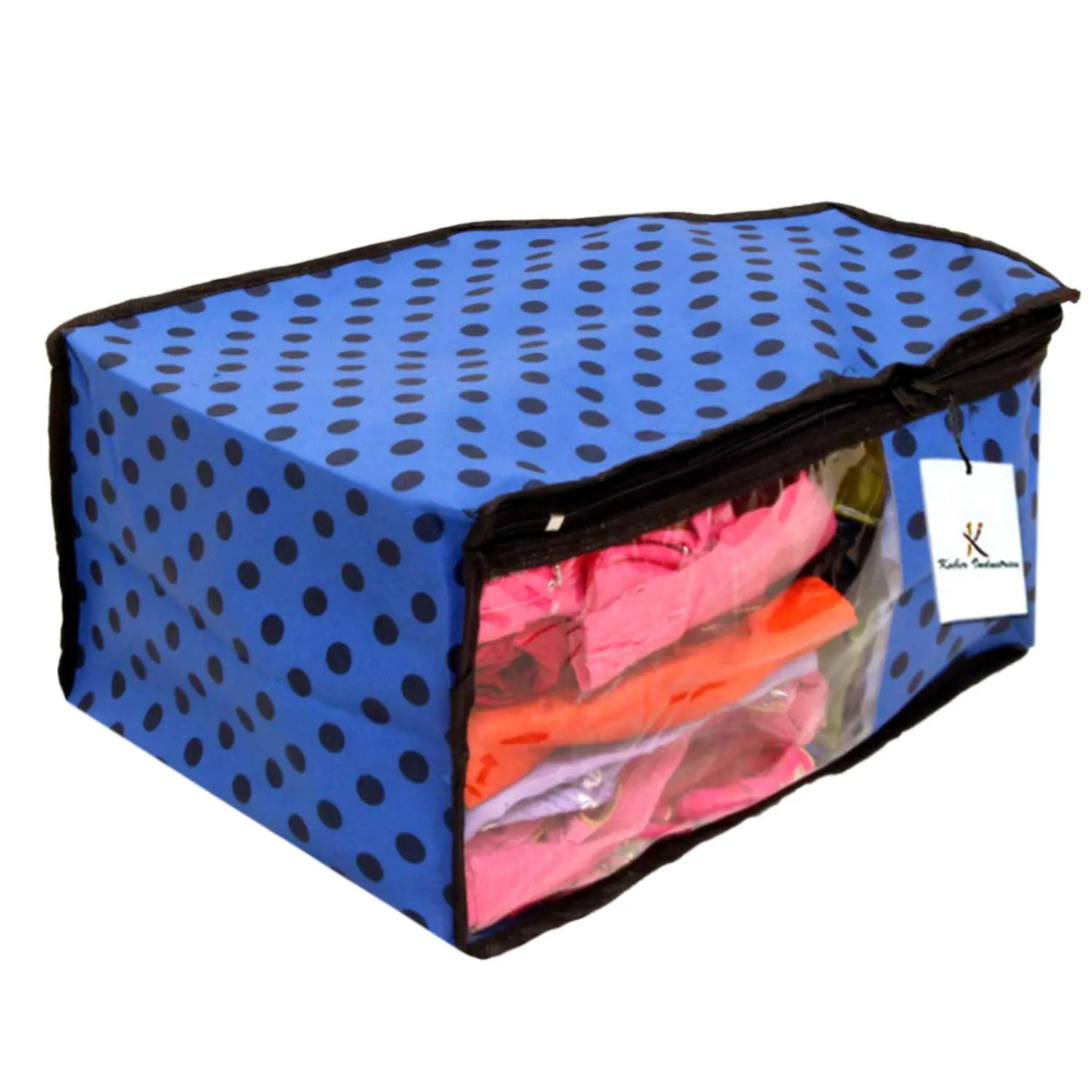 Kuber Industries Polka Dots Design Non Woven 3 Piece Saree Cover/Cloth Wardrobe Organizer and 3 Pieces Blouse Cover Combo Set (Blue) -CTKTC038428