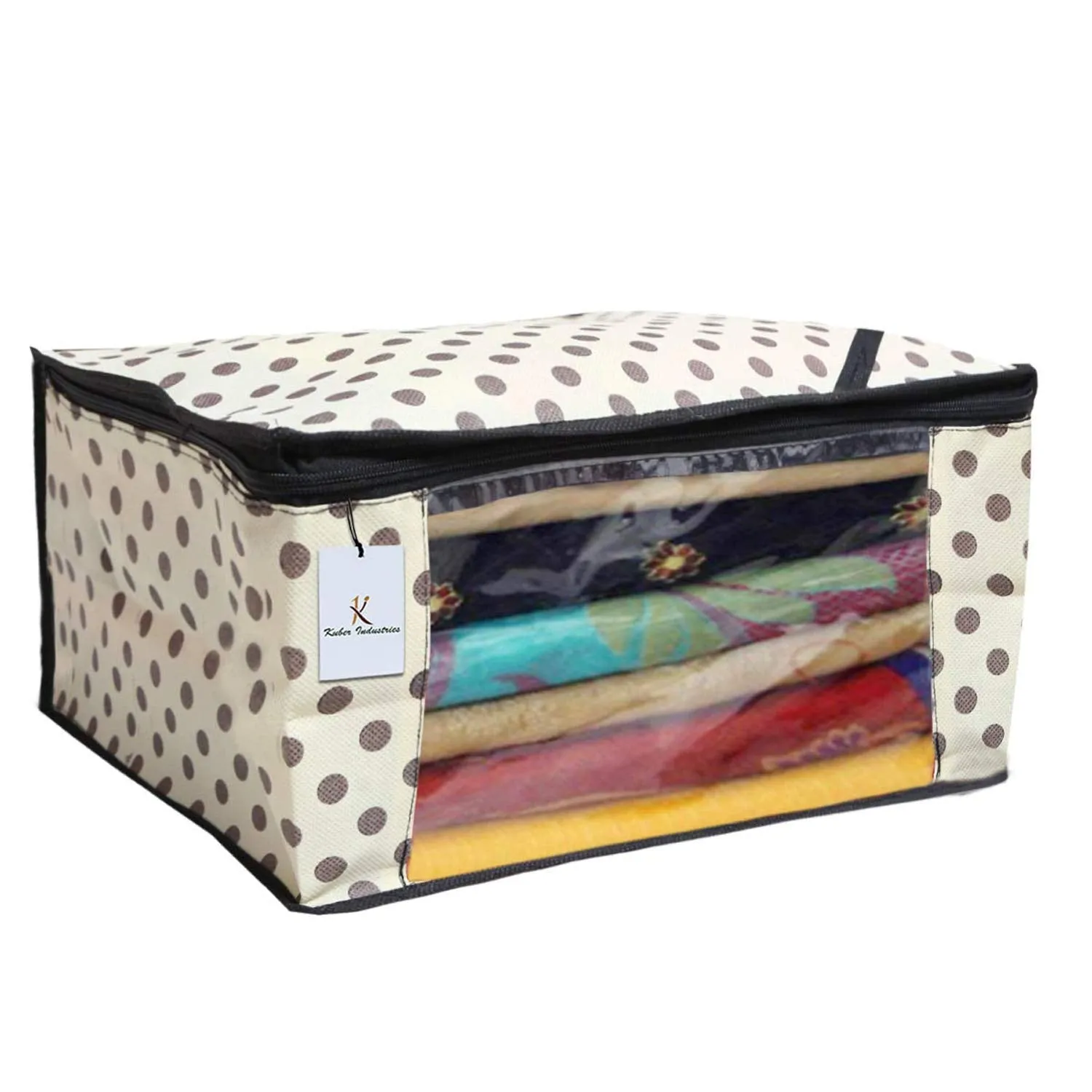 Kuber Industries Polka Dots Design Non Woven 6 Piece Saree Cover/Cloth Wardrobe Organizer and 6 Pieces Blouse Cover Combo Set (Ivory) -CTKTC38426