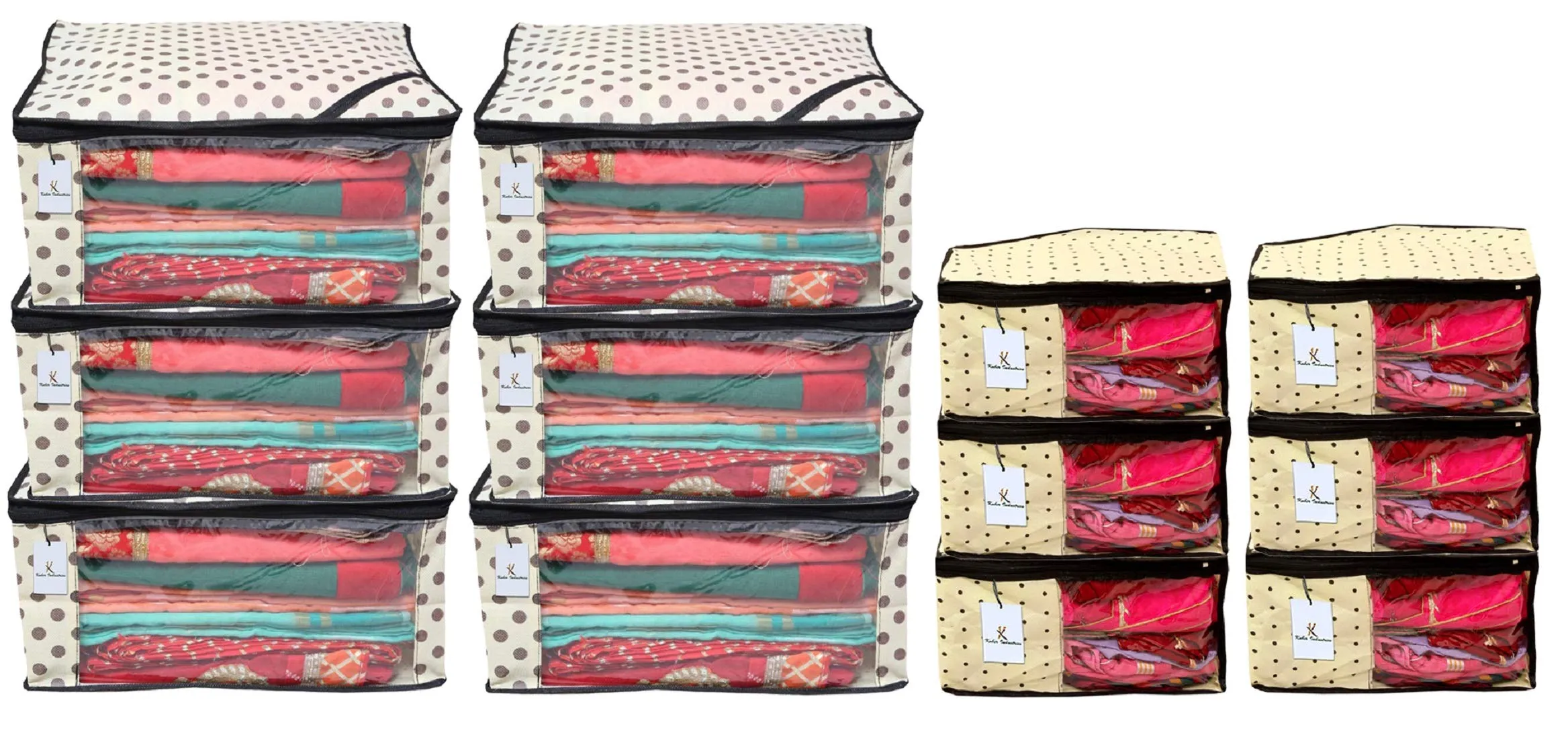 Kuber Industries Polka Dots Design Non Woven 6 Piece Saree Cover/Cloth Wardrobe Organizer and 6 Pieces Blouse Cover Combo Set (Ivory) -CTKTC38426