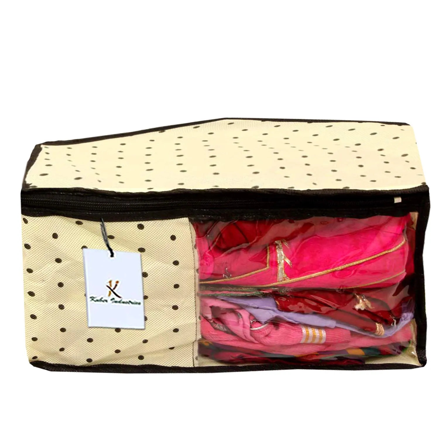 Kuber Industries Polka Dots Design Non Woven 6 Piece Saree Cover/Cloth Wardrobe Organizer and 6 Pieces Blouse Cover Combo Set (Ivory) -CTKTC38426