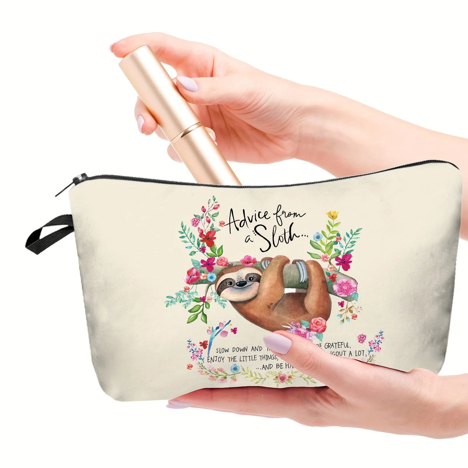 Sloth  Flowers Cosmetic Bag Stylish Travel Gift for Women