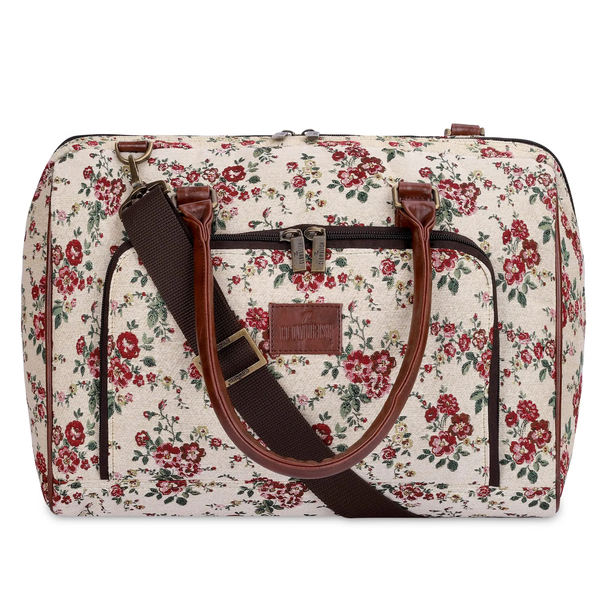 THE CLOWNFISH Fabric Oceania 28 Litres Tapestry Business Travel Duffle Carry-On Luggage Bag With 15.6 Inch Laptop Sleeve (White-Floral), 24 Centimeters