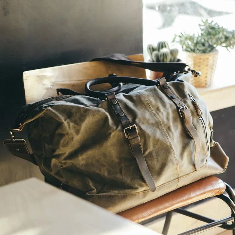 Waxed Canvas Leather Weekender Bag Waterproof Travel Duffels